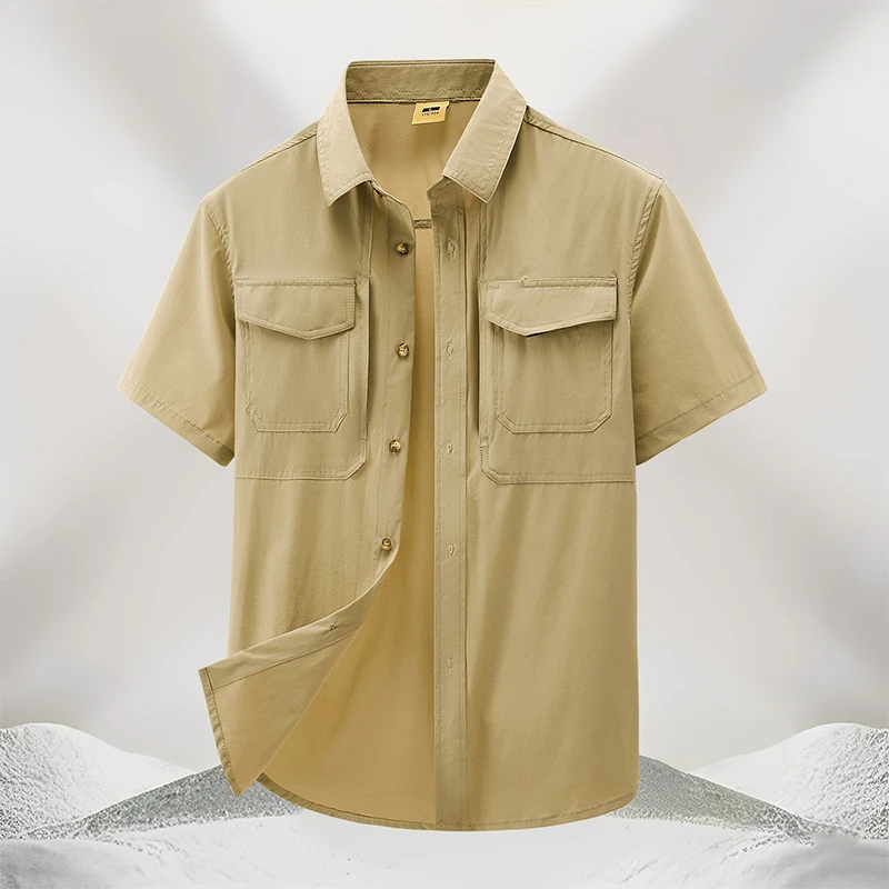 For 2025 Summer Fashion Tops Blouses Mens Short Sleeves Oversize 5XL Cargo Military Shirts Green Casual Clothes