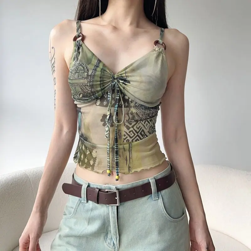 

2025 Summer New Retro Featured Printed Circular Mesh Strap Top for Women