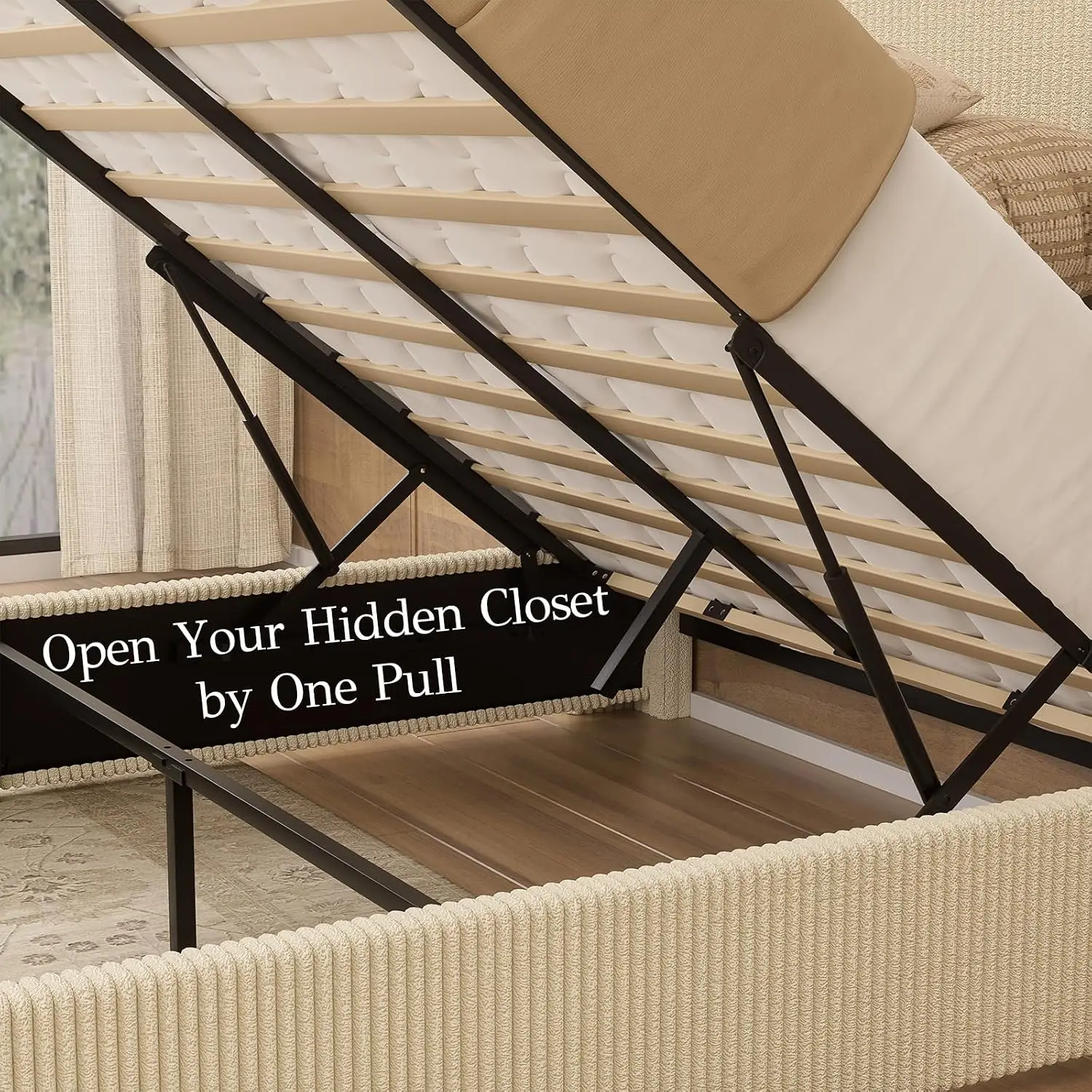 Upholstered Wingback Platform Bed Frame with Lift Up Storage, Hydraulic Support, No Box Spring, Beige Corduroy, Customized