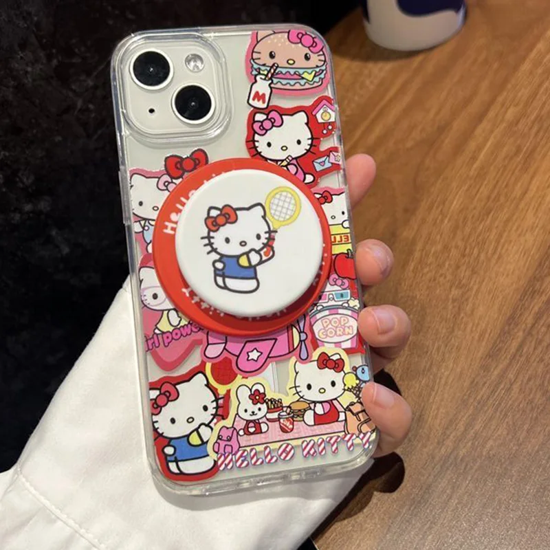 

Симпатичный чехол Sanrio для IPhone с рисунком из аниме «Hello Kitty», милый мультяшный рисунок, магнитная ленивая подставка для 15 IPhone14 13, мягкие 12 чехлов, подарок для девушки