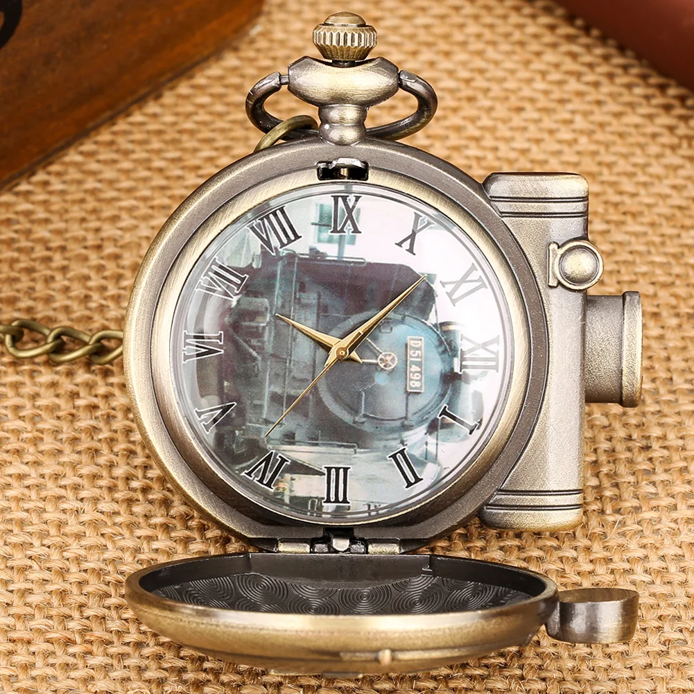 Bronze Steam Train Pocket Watch for Men Quartz Movement Roman Numeral Dial Clock Durable Necklace Watches Collectibles to Lady