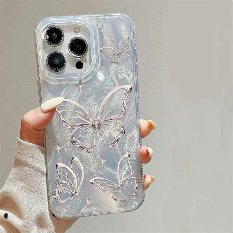 Green Gradient Butterfly Fox Tail Phone Case For iPhone 11 12 13 14 15 Pro Max XR XS X 7 8 Plus SE 2022 Shockproof Glitter Cover