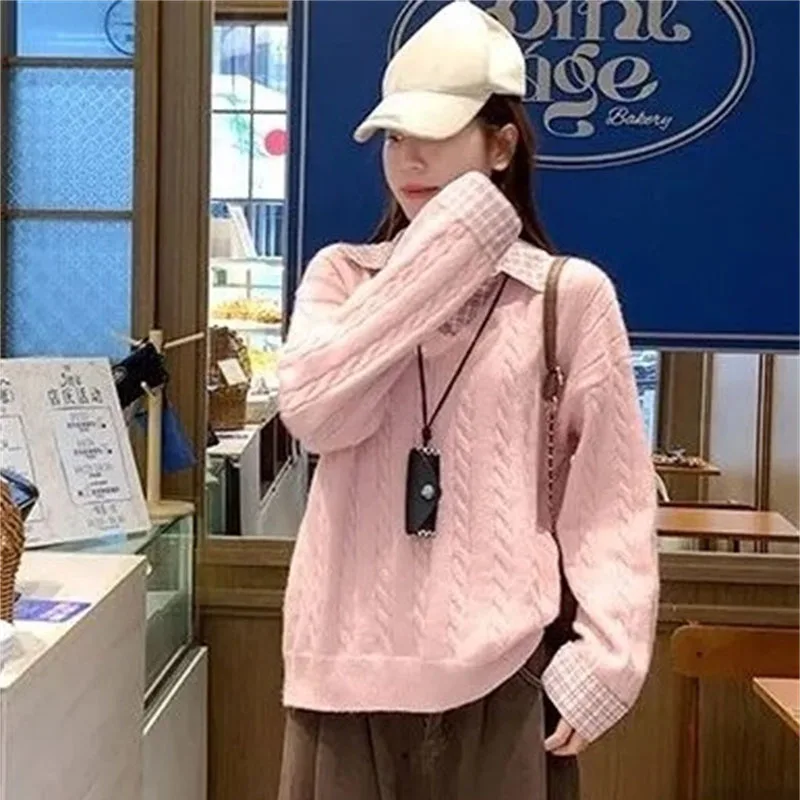 

Lady Fashion False Two-piece Pullover Sweater Korean Women Long Sleeves Knitted Spring Autumn Femme Patchwork Loose Knitwear Top