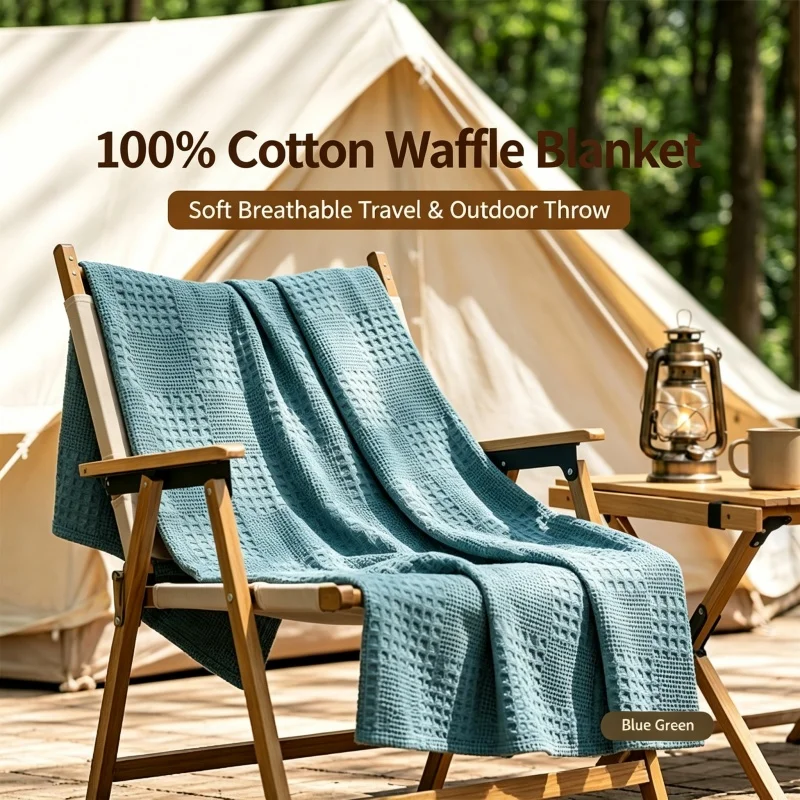 Cotton Waffle Weave Throwing Blanket | A-Level Breathable Lightweight Travel Airplane Sleeping Blanket -Sofa Bed for Outdoor Use