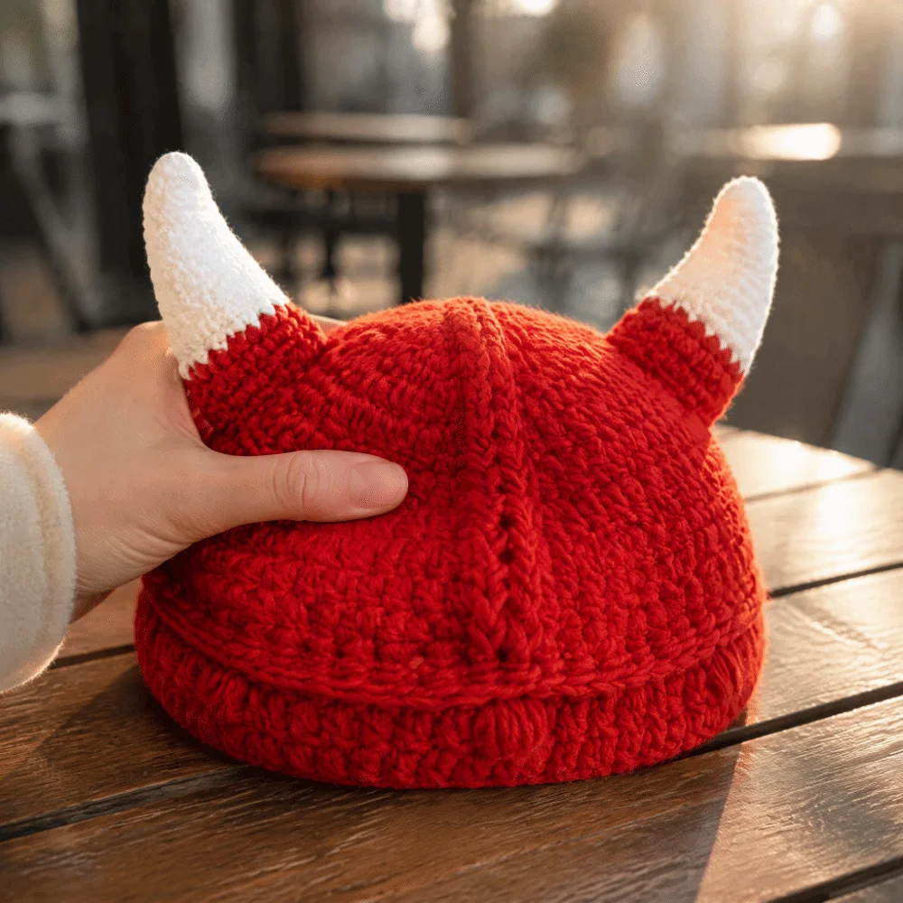 Anime handgemachte hornförmige Mütze, gehäkelte weiche Strickmütze aus Wolle, gemütliche, atmungsaktive, warme Wintermütze für Halloween. – Detail 8