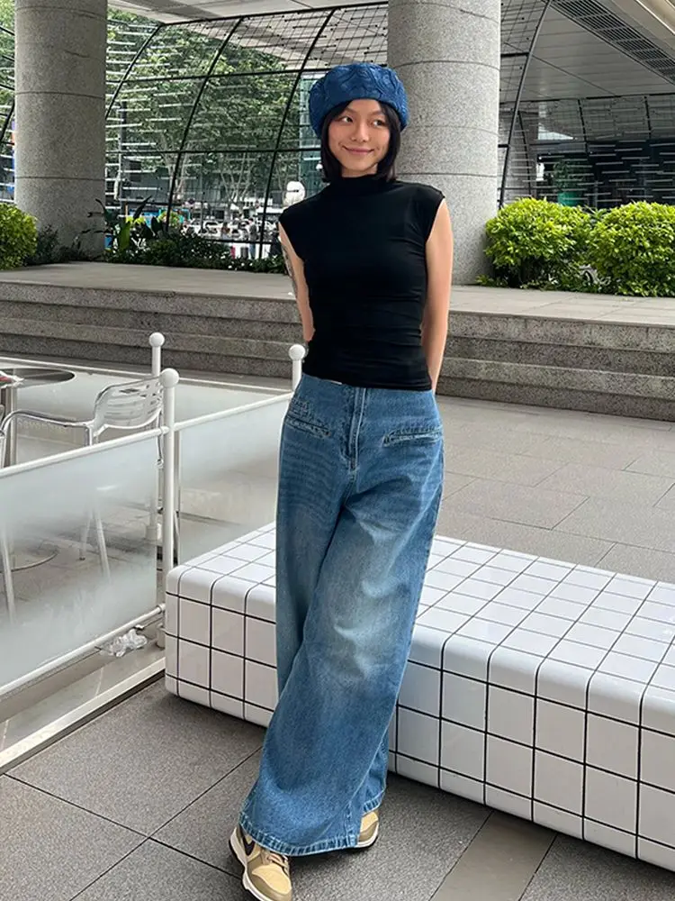 Womens Jeans High Waisted Boyfriend Baggy Loose Wide Straight Leg Casual Blue Denim Pant @ harajuku streetwear y2k korean cloth