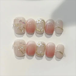 10pcs Short Square Handmade False Nails Blossom Rose Mini Flowers Press on Nails French Bowknot Pearl Fake Nails Lovely Nail Art