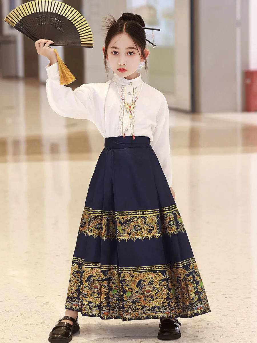 

Oriental Ancient Tang Suit Hanfu Girls Mandarin Brocade Skirt Vintage Kids Chinese Traditional Horse Face Skirt Cosplay