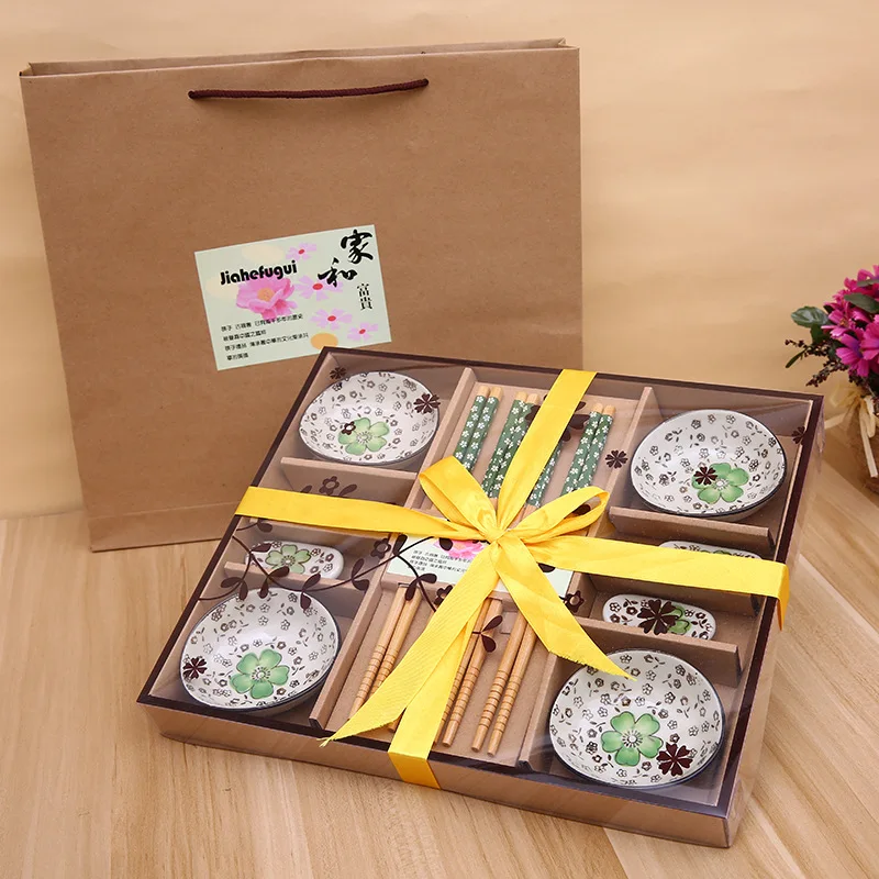 Japanese Style Cherry Blossom Ceramic Sushi Dishes Sashimi Soysauce Dish Dinnerware Set Tableware Set Gift Box (12Pcs/Set)