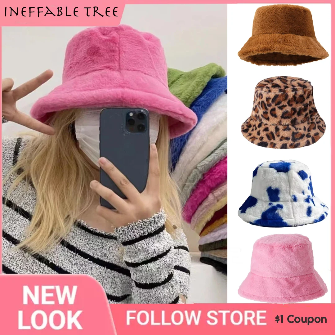 Y2K Winter Plush Bucket Hats for Women Outdoor Panama Cap Leopard Soft Faux Fur Wide Brim Lady Girls Streetwear Fisherman Hat