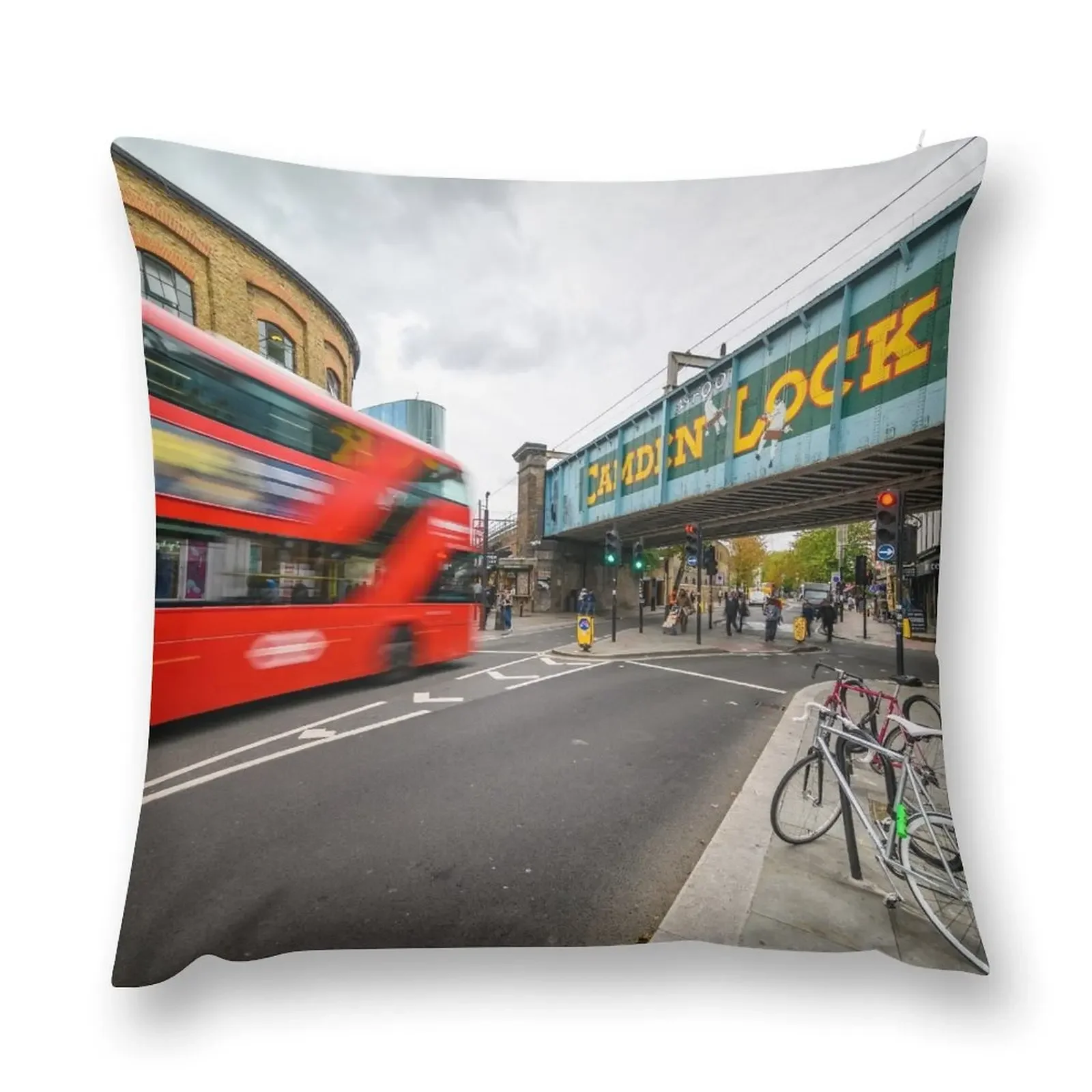 A red London Double Decker bus in front of Camden Lock bridge Throw Pillow Pillowcases Bed Cushions Pillow Cover pillow