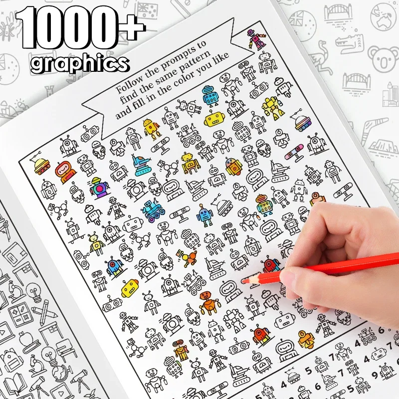 32 Pages Interactive Coloring Search Book for Children - Look, Find & Color 1000+ Graphics, Educational Puzzle Fun