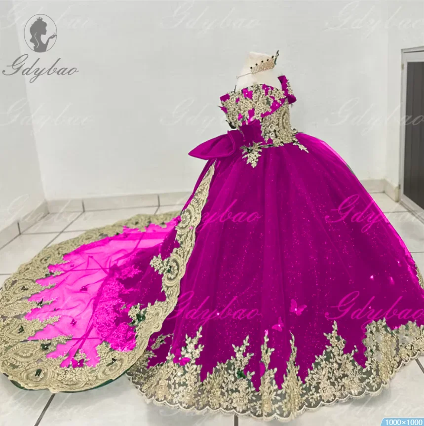 ロイヤルブルーフラワーガールドレス結婚式用弓ゴールデンアップリケ子供の誕生日パーティードレスエレガントな子供ガウンカスタマイズ