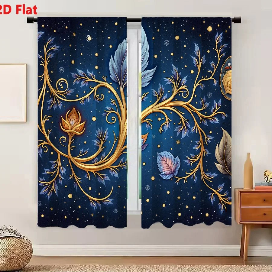 2Pcs Curtains 2D Flat Fantasy Gold Branch With Pale Blue Leaves And Amber Bud On Deep Blue Starry Background Featuring Lion Embl