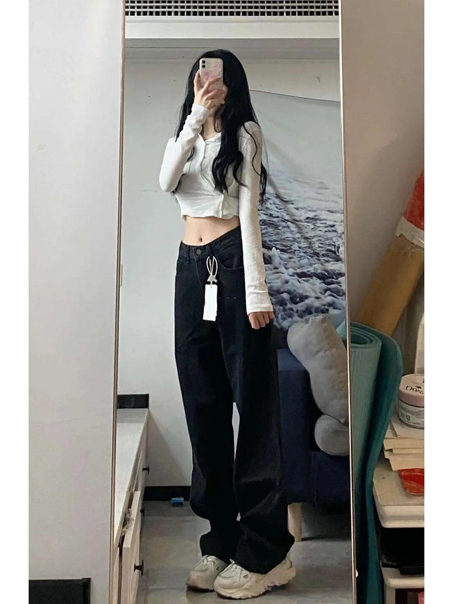 التخسيس عالية الخصر واسعة الساق الجينز المرأة الصيف رقيقة حجم كبير فضفاض طويل مستقيم قطع الدينيم السراويل العصرية Ins Sle الأزرق العميق