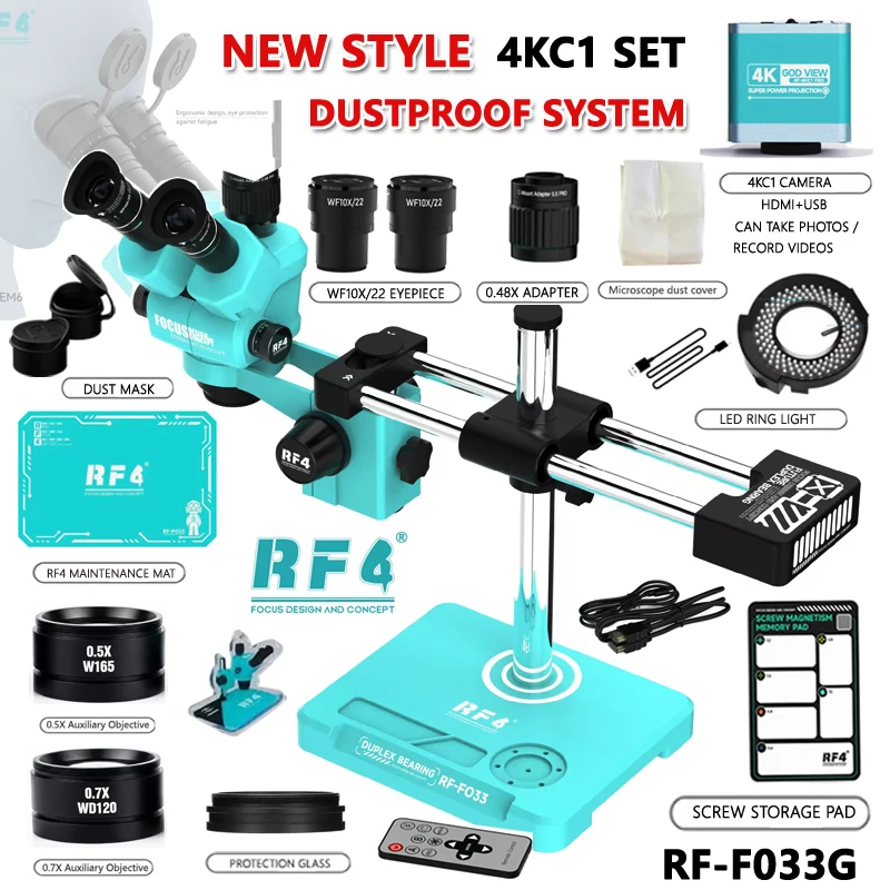 RF4 Dustproof System Simul-Focal Double Boom Stand Trinocular Microscope 6.5-55X 4K HDMI USB Camera Phone Soldering PCB Repair