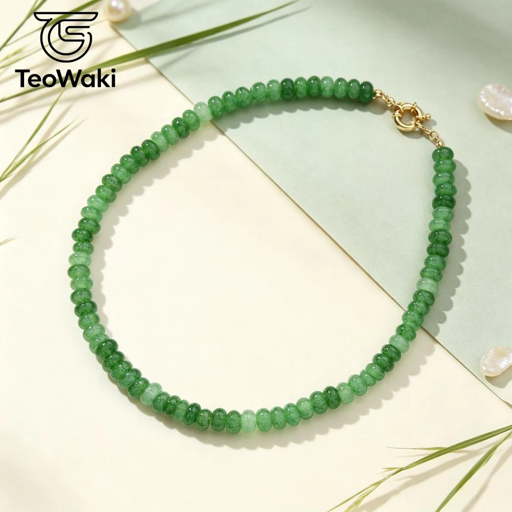 TeoWaki Natural Stone Dainty Mint Green Crackle Crystal Flat Beads Necklace Steering Wheel Soft Tone Collarbone Accessory 40cm