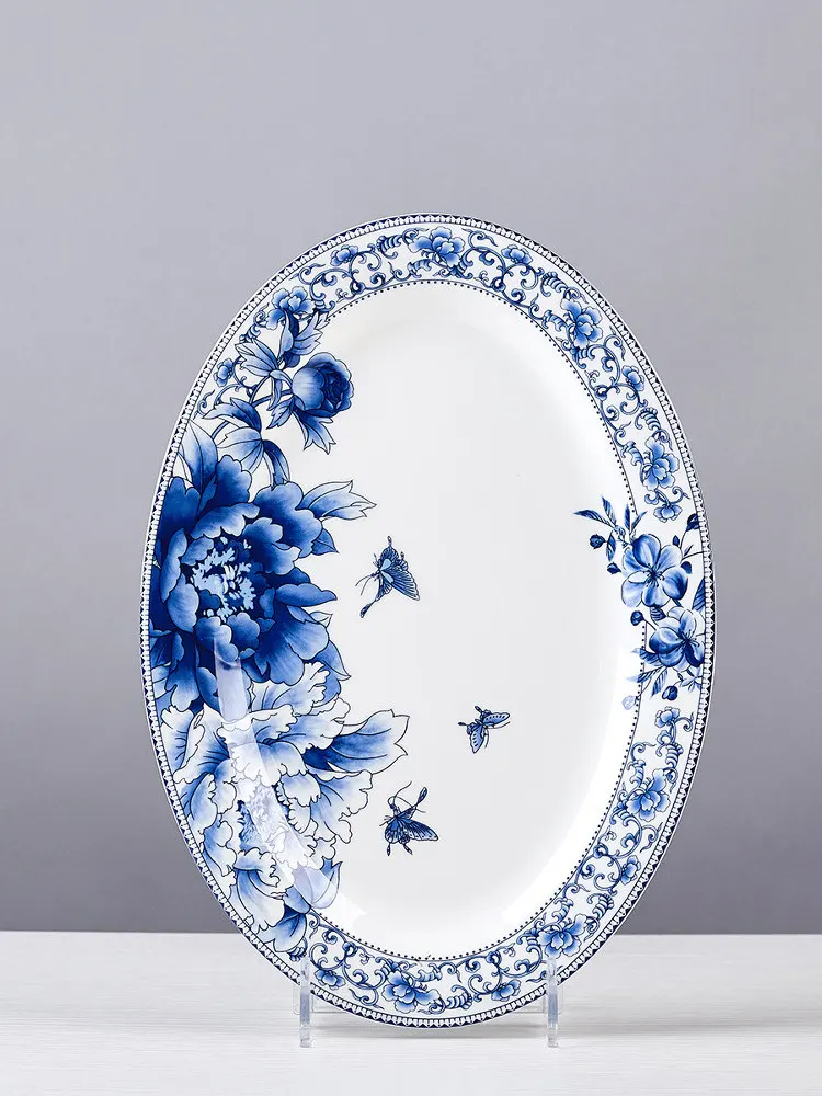 Household 2026 new Jingdezhen ceramic bone china oval blue and white porcelain