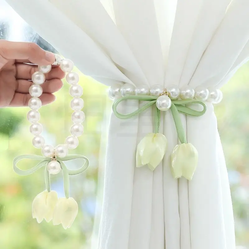 Pearl Magnetic Curtain Tiebacks, Light Luxury Premium French Tulip Flower Decorative Straps for Sheer Curtains