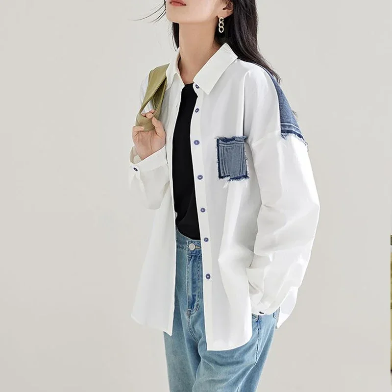 

Women High Street Casual Loose Pockets Patchwork Button Cardigan New Turn-down Collar Fashion Long Sleeve Shirt