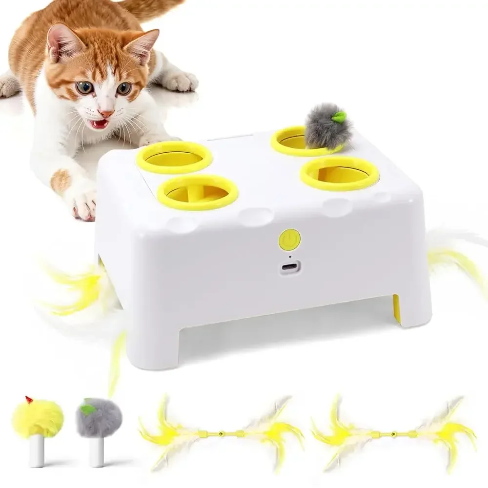 

Интерактивная игрушка для кошек Cheese Box, 3-в-1: игрушка-дразнилка с перьями и 3 режима работы, перезаряжаемая автоматическая игрушка для кошек от скуки