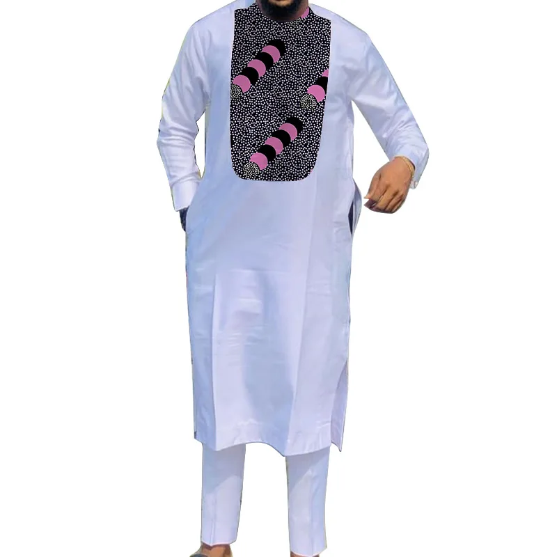 African Muslim Robe White Men's Sets Middle Eastern Clothing Patchwork Long Shirts+Solid Trousers Male Wedding Groom Suits