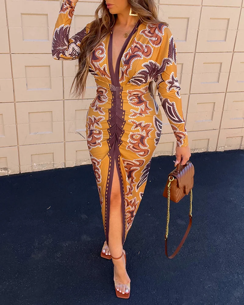 ドレス女性ヴィンテージ花柄ローカット V ネックウエストプリーツドレス女性のセクシーなスリムフィット長袖ドレス Y2K ボディコンドレス