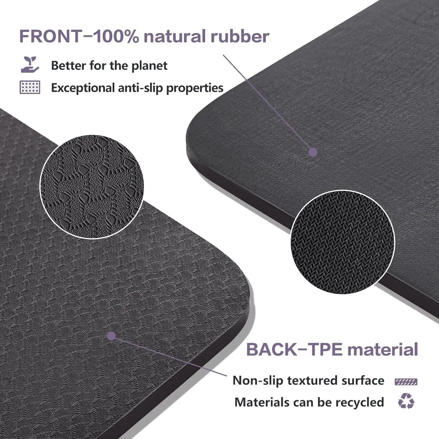 2/5 Inch (10MM), Natural Rubber and TPE Non Slip Yoga Mats with Strap for Women Men, Eco Friendly Exercise Mat for Yoga