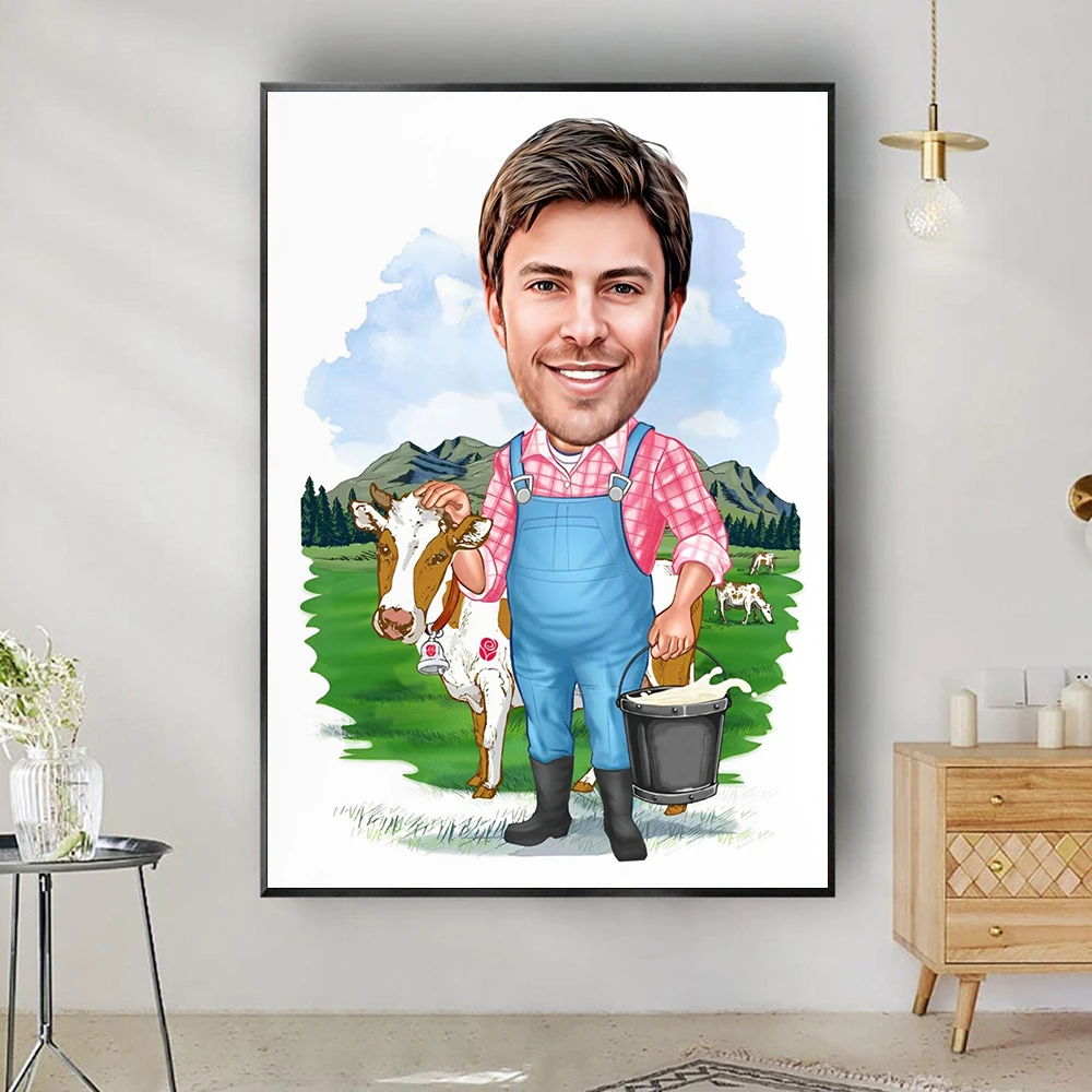 

Custom Farmer Cartoon Portrait, Funny Farmer Caricature Art Pasture Picture, Personalized Home Room Wall Decor, Canvas Print
