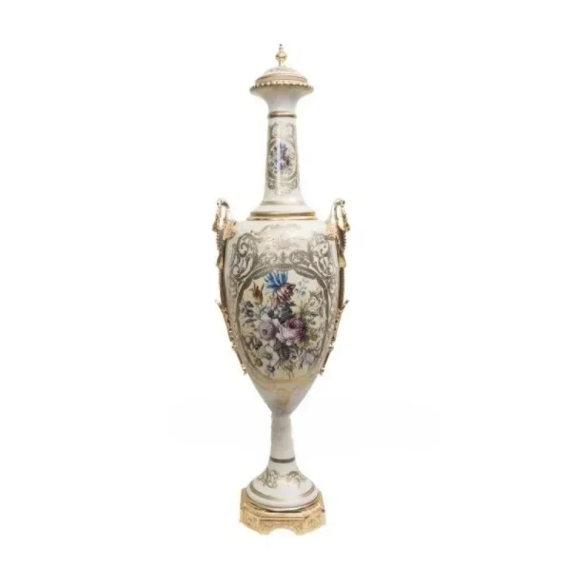 Luxury antique porcelain vase with gold brass base and handle floral painting tall decorative centerpiece classic