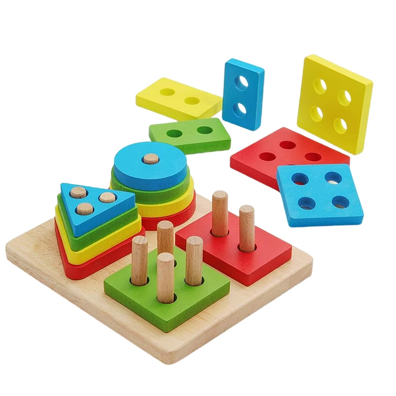 Kids Column Toys Wooden Building Blocks ﻿Geometric Shape Cognitive Montessori Early Childhood Education Intelligence Toy TMZ