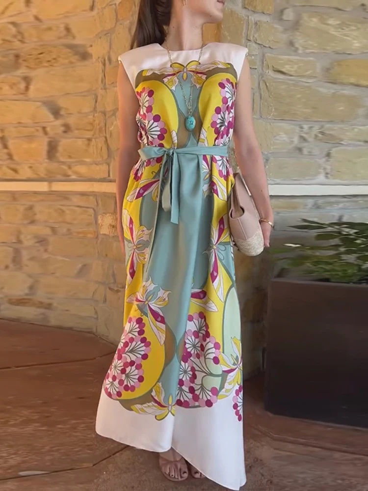 loose lace dress styles for ladies Fashion Women's Printed Up Long Satin O-neck Sleeveless Pleated Slit Vacation Dresses 2026 Summer Lady Robe New sewing_pattern
