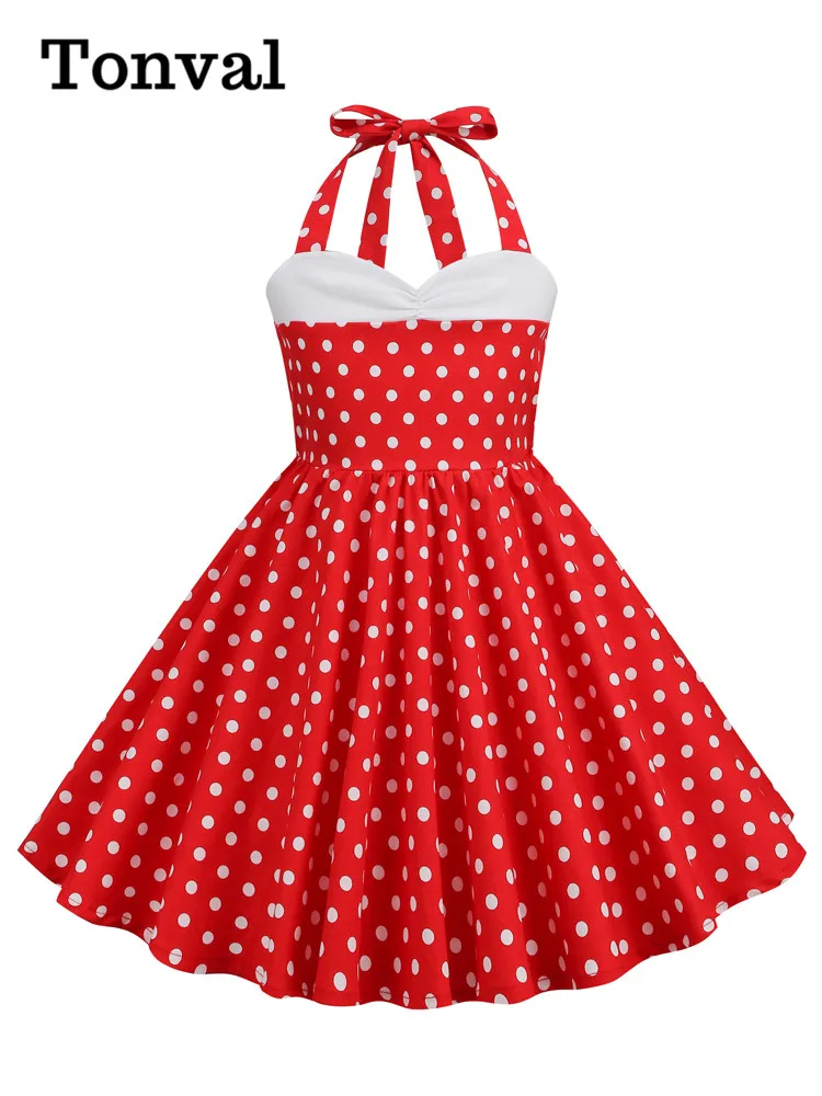 Tonval Sweetheart Neck Halter Fit and Flare Party Girls Clothes Summer Polka Dot Pleated Daughter Vintage Dress for Kids