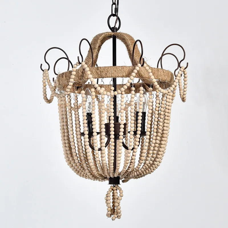 American style children's room princess lighting retro nostalgic hemp rope wooden bead bedroom chandelier