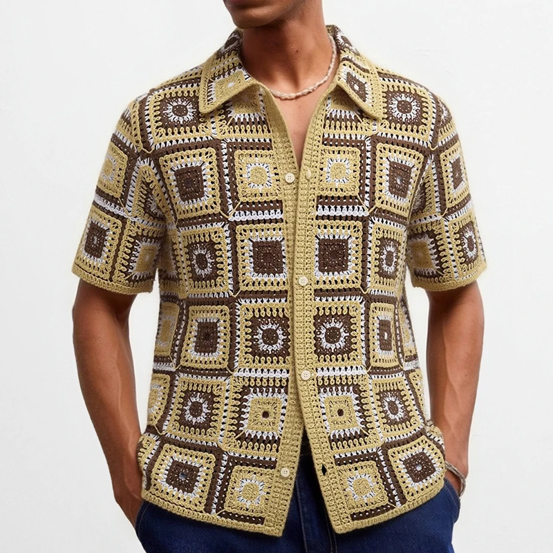 Summer Men Grid Crochet Knitted Shirt American Style Casual Short Sleeve Cardigan Polo Tops Men Clothing Streetwear SY0224
