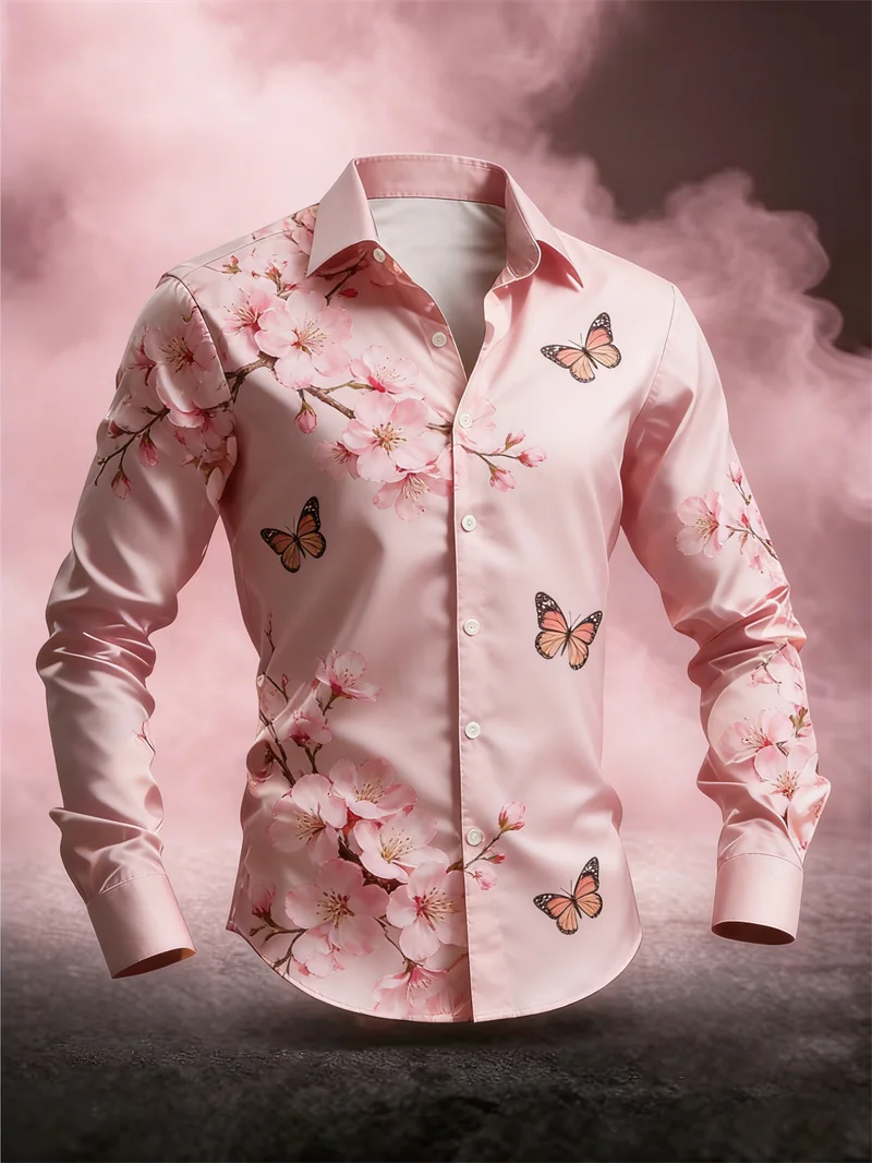 New men's Butterfly Pattern 3D Printed Shirt With Clover high-quality Casual Long Sleeved Shirt And Lapel Top