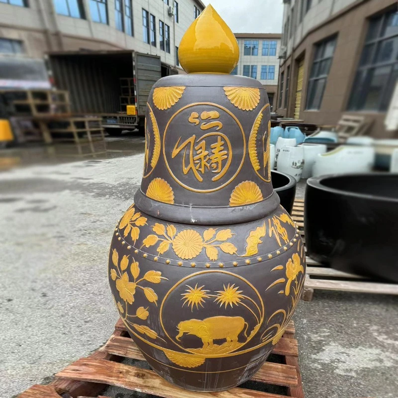 Large ceramic longevity altar, funeral urn painted with gold zodiac blessing characters