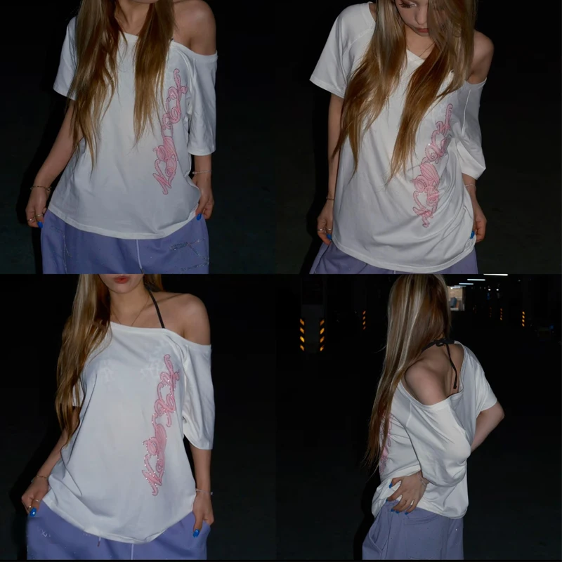 American Style Spicy Short Sleeve T-Shirt Women's Loose Shoulder Dancing Neon Fading Glowing Cotton Top Hip Hop Jazz