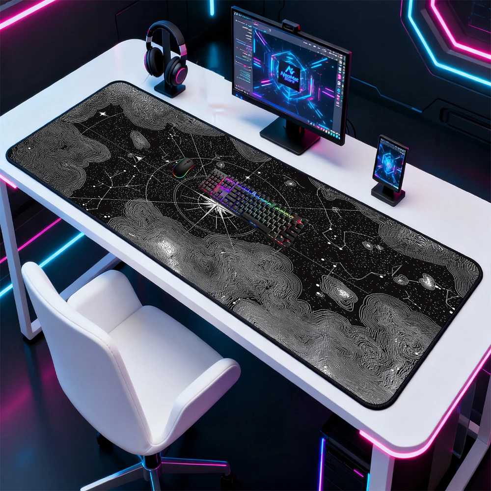Starry Contour Mouse Pad Gaming Desk Mat 160x60 Galaxy Compass Constellation Black White Geometric Decor Full Desk Mousepads