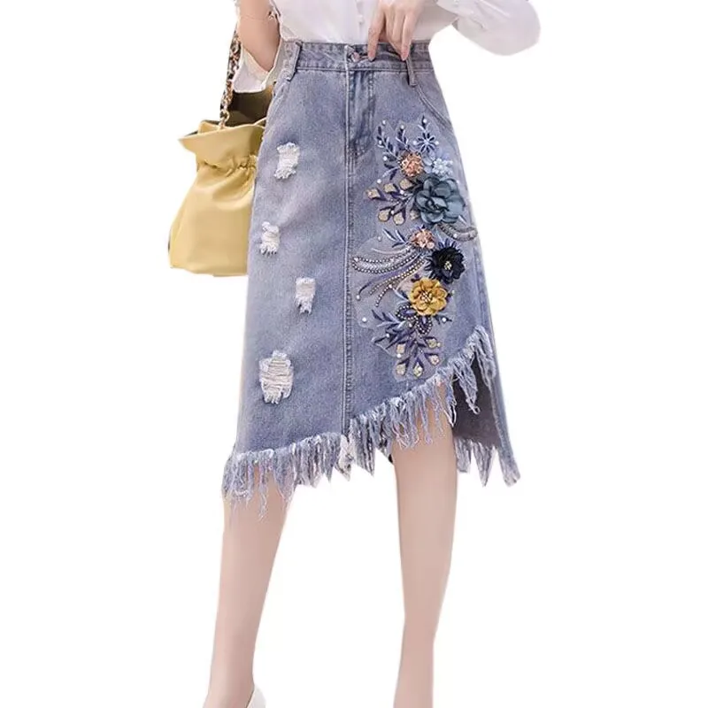 Women Embroidered Flowers Tassel Denim Skirt Female 2025 Summer High-waist A-Line Beading Flowers Light Blue Dress Elegant Skirt