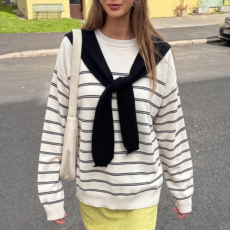 2026 Women Striped Long Sleeve Knitted Pullovers Sweater With Removable Sailor Collar Scarf Loose Round Neck Casual Knitted Tops