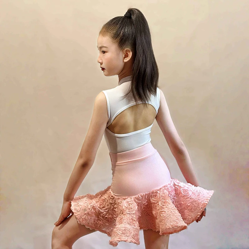 Latin Dance Costume Children Tango Waltz Samba Dance Performance Clothes Girls Sleeveless Professional Dance Practice Set XH2927