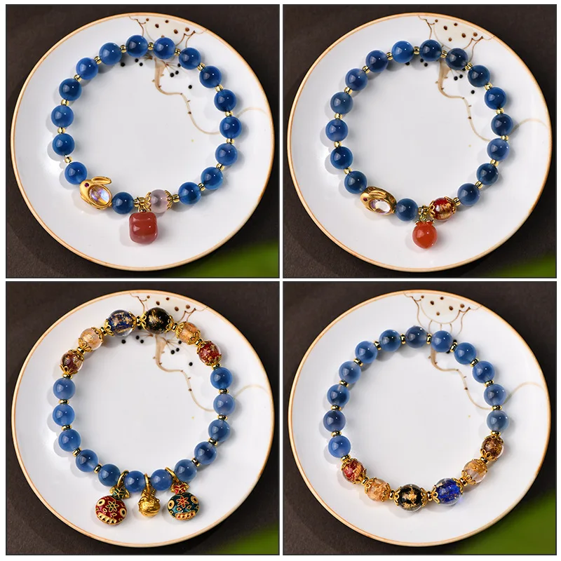 Gold-Eating Beast Sugar Heart Agate Bracelet Glass Gold Leaf Peach Charm Persimmon Good Luck Adjustable Hand Chain Jewelry