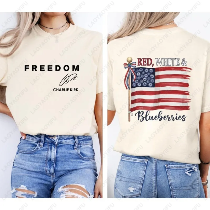Red White and Blueberries Freedom USA Flag Tees CHARLIE KIRK RIP Commemorate Tshirt Men Women Cotton Regular Short Sleeve Gift