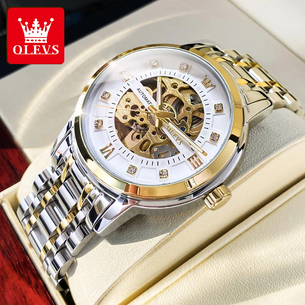 OLEVS Men\'s Watches Luxury Hollowing Mechanical Wristwatch Waterproof Luminous Stainless Steel Fashion Automatic Watch for Man