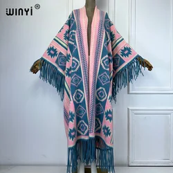 WINYI Winter Women Fringed cardigan print abaya dubai luxury Coat Loose OverCoat Thick Warm Female outerwears long down dress