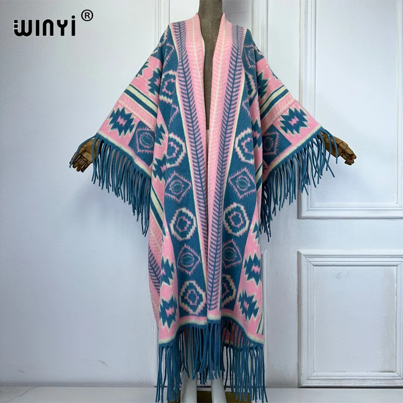 WINYI Winter Women Fringed cardigan print abaya dubai luxury Coat Loose OverCoat Thick Warm Female outerwears long down dress