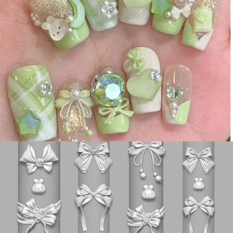 Cartoon Silicone Nail Art Mold Cute Rabbit Bow Relief 3D Transparent Nail Template Nail Art Decorations Manicure Tool DIY