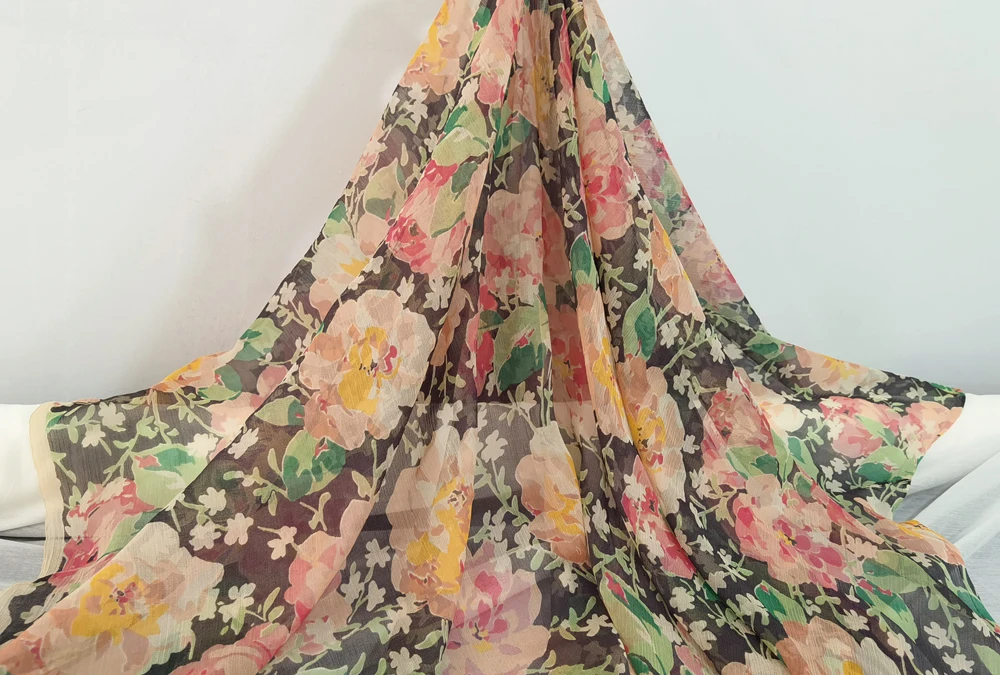 50cm*114cm Big Floral Georgette Fabric Thin And Transparent Mulberry Silk With Georgette Scarf Dress Silk Fabric