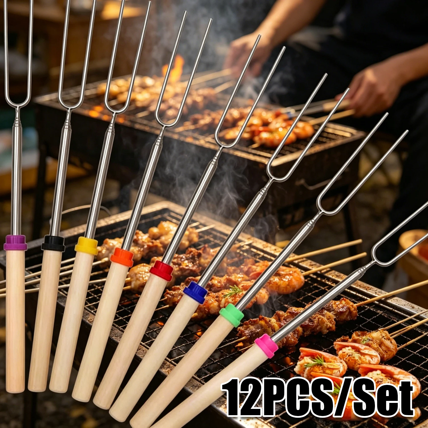 Barbecue Roasting Extendable Stainless Steel Long Fork Outdoor Camping Marshmallow Sticks Skewers for Kitchen